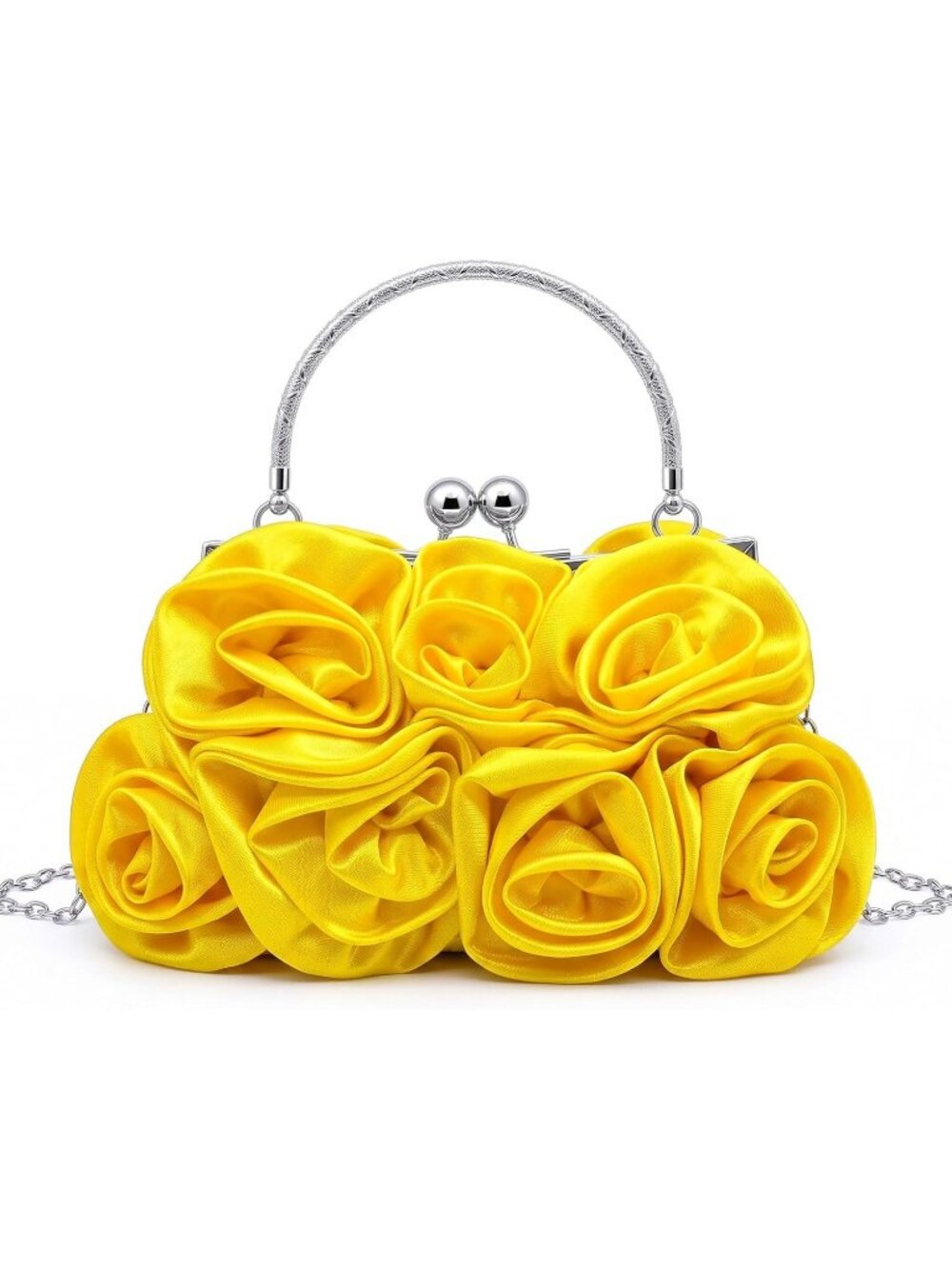 Women's Yellow 3d Rose Satin Clutch Purse Floral Wedding Party Evening Bag